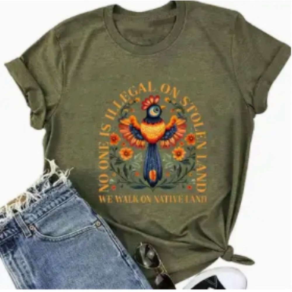 No One Is Illegal On Stolen Land Tee - Olive Green - Picture 3 of 3